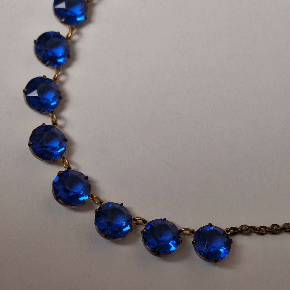 Antique Riviere Art Deco Gold Tone Sapphire Blue Glass Necklace 15" 1920s 1930s - Picture 7 of 16